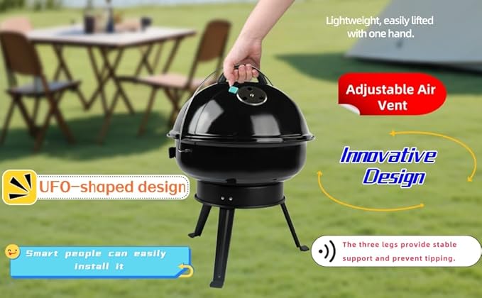 UFO-Shaped (Thickened) Portable Charcoal Grill,Folding Leg Design for Easy Storage & Portability,Easy-to-Assemble Small Tabletop Grill,Compact for Backyard and Patio BBQ,Outdoor Camping,and Tailgate