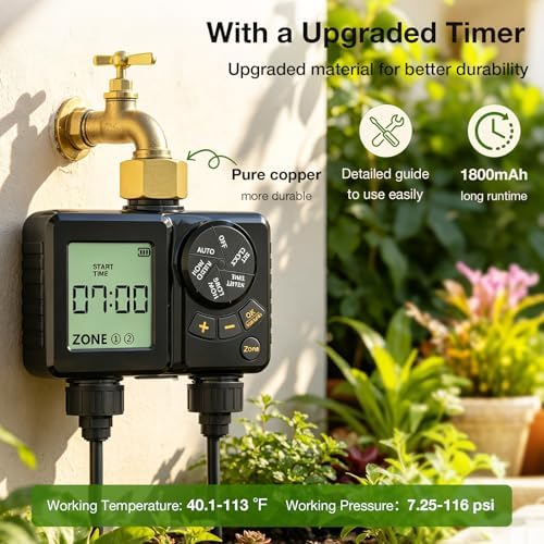 MIXC 1/4" 99Ft Drip Irrigation System with Rechargeable 2-Zone Water Timer, Automatic Garden Watering Kit with 16pcs 360°Adjustable Brass Nozzles & Bendable Rod,for Raised Bed,Potted Plant,Greenhouse