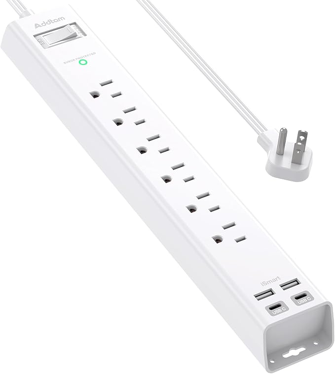 Surge Protector Power Strip 15ft, Addtam 6 AC Outlets 4USB (2 USB C) Ports, Flat Plug with Long Extension Cord, Desktop Charging Station, Wall Mountable for Home, Office, Dorm Essentials, ETL Listed