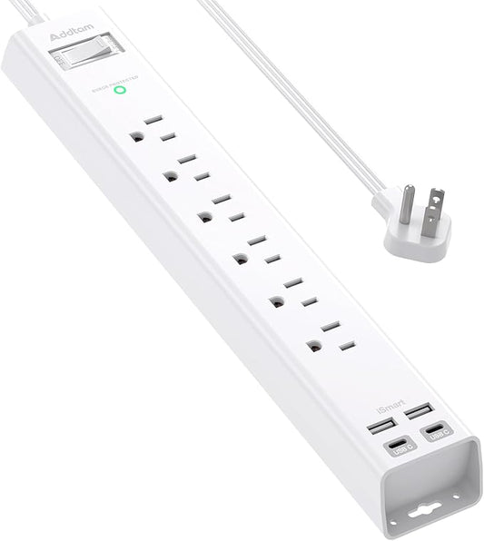 10Ft Extension Cord with Multiple Outlets, Addtam Flat Plug Power Strip Surge Protector with Long Cord,6 Outlet 4 USB Ports (2USB C),Multi Plug Outlets for Office,College,Dorm Essentials, ETL Listed