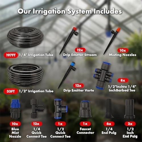 Drip Irrigation System 230FT Quick-Connect Drip Irrigation Kit with 1/4 inch 1/2 inch Irrigation Tubing Hose and Accessories for Lawn Raised Bed Greenhouse Plant Watering System