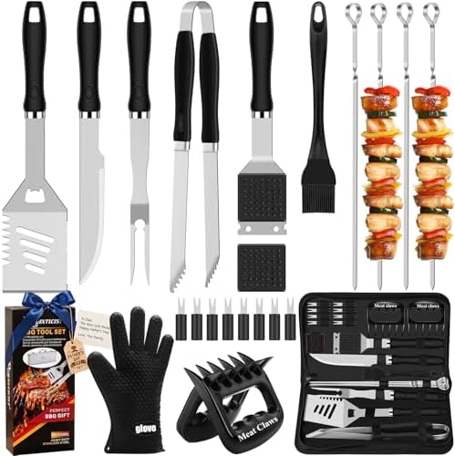 ROMANTICIST 23pcs Heavy Duty Grilling Gifts for Men Dad Fathers Day, Extra Thick BBQ Accessories Tools Set, Stainless Steel Grill Utensils Kit with Meat Claws,Canvas Bag for Outdoor Camping Black
