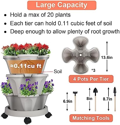 GameXcel Vertical Planter Tower - 3 Tier Stackable Garden Planters with Wheels and Tools Plant Pots for Strawberry Herb Flower and Vegetable Indoor Outdoor Use Gray