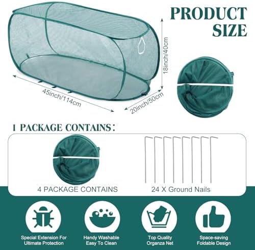 Threehoney 4 Pcs 45'' x 20'' x 18'' Pop up Garden Mesh Plant Cover Outdoor Plant Protector Garden Row Raised Bed Cover with Ground Nails Crop Cage Net for Seedlings Vegetable Fruit Herbs (Dark Green)