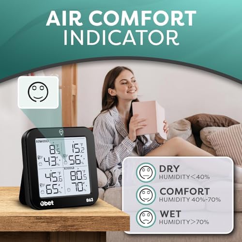 OBET Weather Station Wireless Indoor Outdoor Thermometer Wireless, Digital Temperature and Humidity Monitor with 3 Sensors, Adjustable Backlight, USB Port (500 Feet)