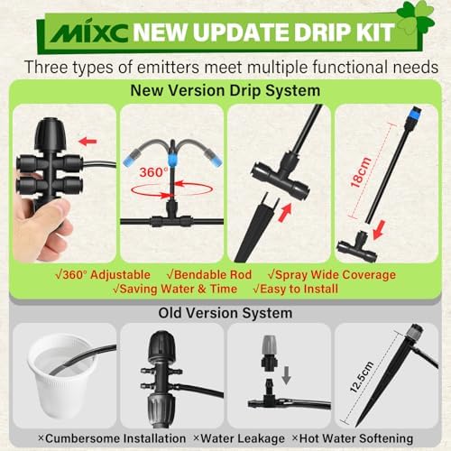 MIXC 2026-Upgrade 360° Adjustable Drip Irrigation System Kit, 133FT Bendable Watering Misting System with 3 Spray Nozzle Types, 1/2" (33FT) & 1/4" (100FT) Tubing for Garden Raised Bed Lawn Greenhouse