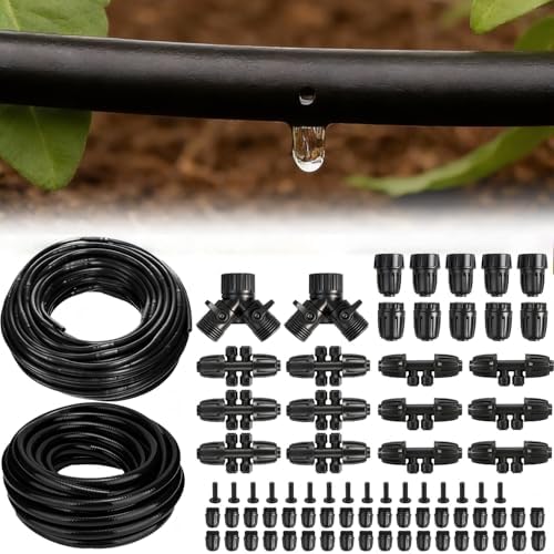 250FT Drip Irrigation Tubing Kit with 1/2 Irrigation tubing, 1/4 inch Dripline, and Irrigation Parts for Garden, Raised Beds, and Greenhouse Watering