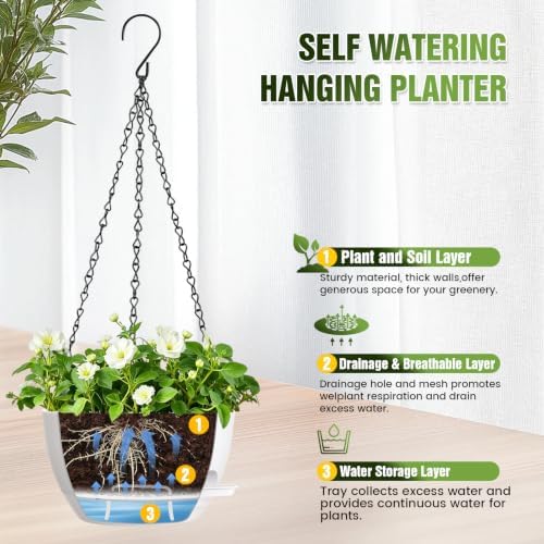 8 Inch Self Watering Hanging Planters Set of 3 with Saucers