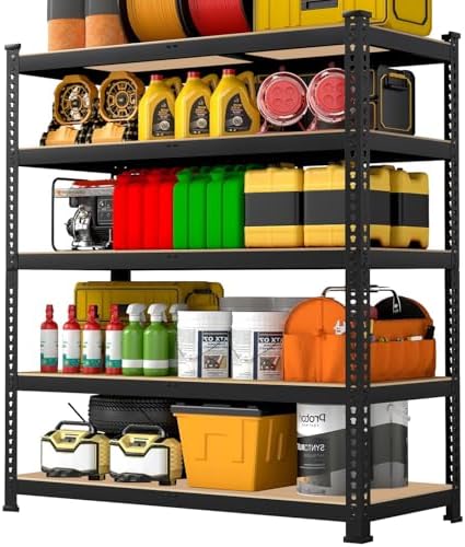 71"H x 35.5"W x 16"D 5-Tier Metal Storage Shelves: Heavy Duty Garage Shelving Adjustable Shelves for Storage - Black Utility Rack Shelf for Pantry, Warehouse, Closet, Office, Kitchen