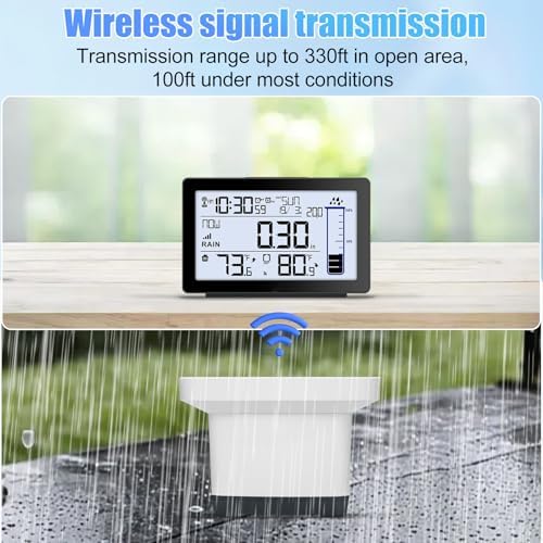 Digital Rain Gauge Outdoor with Thermometer, Self-Emptying Wireless Rain Gauges Outdoors Best Rated, Freeze Proof Automatic Rain Measure Gauge for Yard, High Precision Electronic Rain Collector