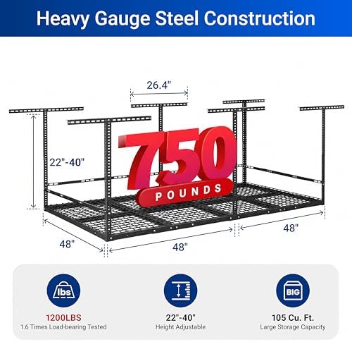 FLEXIMOUNTS 4x8ft Overhead Garage Storage Rack with Safety Rails, Black