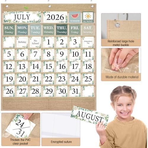 Sinload Classroom Calendar Pocket Chart Wooden, Greenery