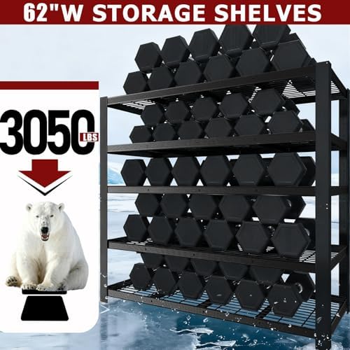 62" W 3050LBS Storage Shelves Unit,5 Tier Heavy Duty Metal Shelving Unit and Storage Large Rack,72" H x62 W x24 D Adjustable Metal Shelving Unit,Garage Shelves for Basement,Warehouse