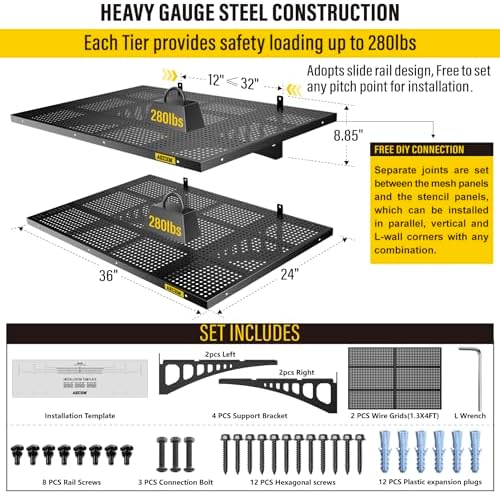 Aecxm 2-Pack 2x3ft Adjustable Garage Wall Shelving 560lbs Load Capacity Heavy Duty Wall Mounted Storage Shelf Metal Floating Shelves for Garage(Black)