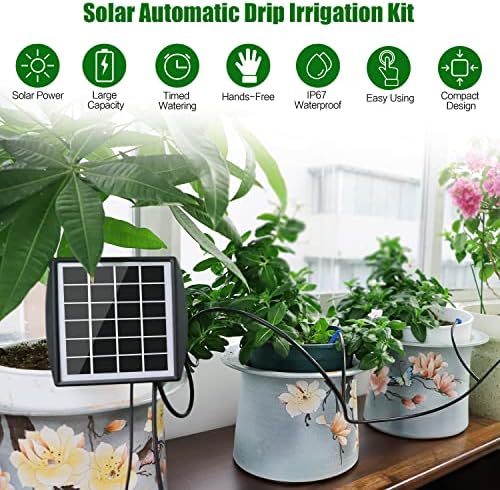 Solar Automatic Drip Irrigation Kit System, JIYANG Solar Powered Auto Easy DIY Watering Device Supported Pots Plants, 6 Timing Modes with Anti-Siphoning Device (Supported 10 Pots, 6Timing Modes)