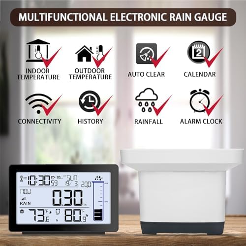 Wireless Rain Gauge Outdoor, Self-Emptying Digital Rain Gauges Outdoors Best Rated, Electronic Rain Measure Gauge for Garden, Freeze Proof Rain Gauge with Thermometer, Remote Rain Meter for Yard
