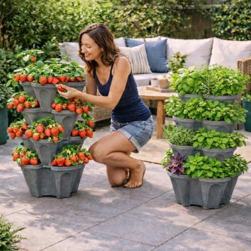 Vertical Garden Planter 4 Tier Stackable System 16 Plants, Space Saving Herb, Strawberry & Food Crop Planter with Center Support Hole for Indoor Outdoor Gardening (4, Slate Gray, Large)