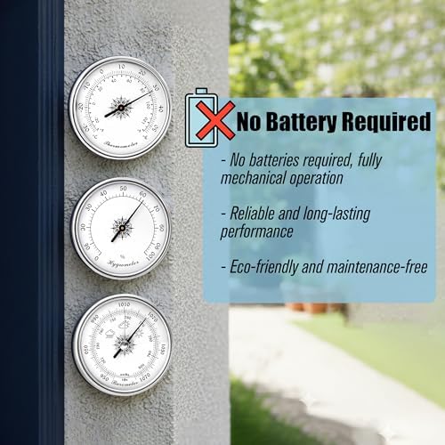 Analog Weather Station Barometer 3-in-1 Set, Silver Dial Type Traditional Barometers Hygrometer Thermometer, -30–50°C, Air Pressure Temperature Humidity Gauge 950 to 1070hPa, No Batteries Required