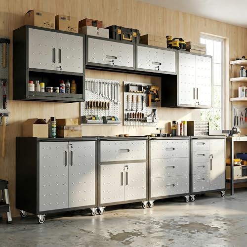 8-Piece Heavy Duty Steel Garage Cabinet System | All-in-One Modular Garage Cabinet Set for Ultimate Workshop Organization | Easy Assembly Garage Storage Cabinets & Tool Bench (Black)