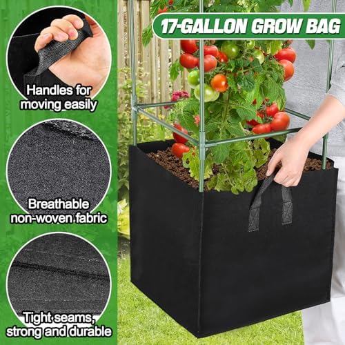 ANPHSIN Sturdy Square Tomato Cage with Movable 17 Gal Grow Bags, 3 Sets