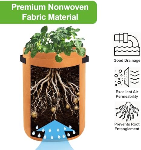Homyhoo 4 Pack Potato Growing Bag with Flap 10 Gallon Planter Pots with Handles and Harvest Window for Potato Tomato and Vegetables, Black Green Orange and Beige