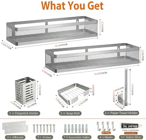 PUSDON 5-in-1 16.5" Extra Long Slim Wall Mount Wrapped Mesh Kitchen Organizer & Shower Caddy Kit, with Paper Towel Holder, Utensil Holder, Soap Dish, Holds 50LBS - Silver Gray, Netting