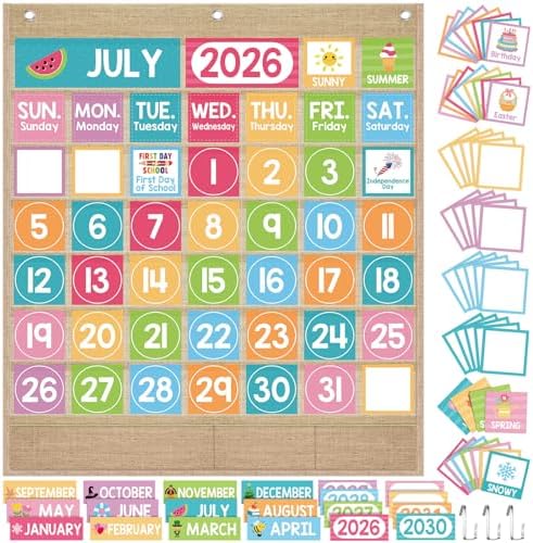 Sinload Classroom Calendar Pocket Chart Linen Color, Pastel
