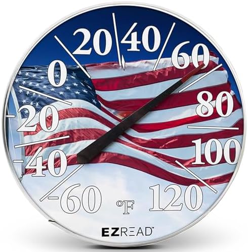 EZREAD Hanging Dial Thermometer 840-1221 Weather Thermometers for Indoor and Outdoor Use, Large 12.5 Inch Diameter, Easy to Read Numbers, American Flag