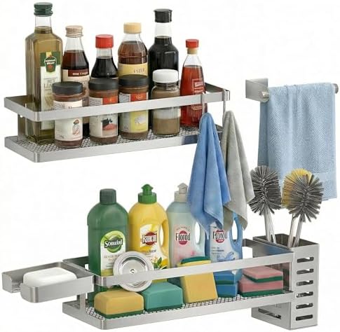 PUSDON 5-in-1 Shower Caddy & Kitchen Organizer Set, Wall Mount Wide Spice Rack with Paper Towel Holder, Utensil Holder, Soap Dish, Rustproof Mesh Baskets Hold 50LBS - Silver Gray, Guardrail