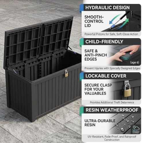 270 Gallon Lockable Resin Outdoor Storage Box, Waterproof & Weather Resistant Deck Box for Patio Cushion, Garden Tools & Pool Accessories, Black New