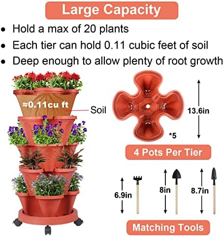 GameXcel Vertical Planter Tower - 5 Tier Stackable Garden Planters with Wheels and Tools Plant Pots for Strawberry Herb Flower and Vegetable Indoor Outdoor Use Red 2 Pack