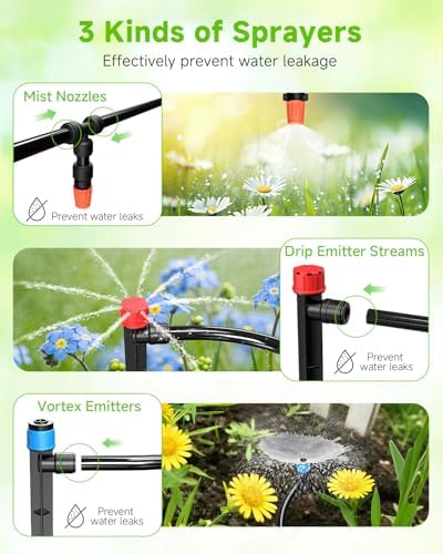 246FT Drip Irrigation System with LCD Timer, Automatic Watering System Kits,1/2 Inch Hose 1/4 Inch Distribution Tubing 3 Sprayer Types, for Garden, Greenhouse, Garden, Lawn