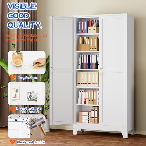 GAIOUS 75'' Tall Metal Garage Storage Cabinet,File Cabinet with 2 Doors and 5 Adjustable Shelves, Outdoor Steel Tool Cabinet for Home,Office,Warehouse,Garage,White