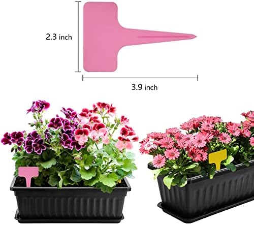 Fasmov 7 Pack 17 Inches Flower Window Box Plastic Vegetable Planters with Trays Vegetables Growing Container Garden Flower Plant Pot with 7 Pcs Plant Labels for Balcony, Patio, Garden, Black