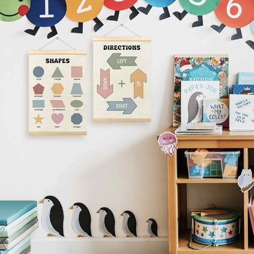 TLESKE Shapes Directions Chart Poster Hanger Frame for Toddler Kid Classroom Set of 2, Homeschool Hanging Wall Art Decor for Nursery Playroom, Preschool Prek Learning Educational Poster, 12x16