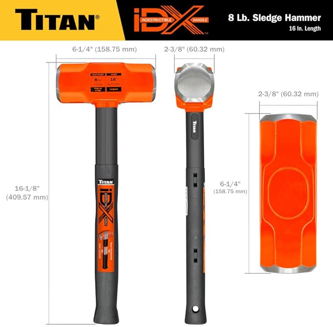 Titan iDX 63618 8lb Sledge Hammer with 16" Indestructible Handle Reinforced with Steel Locking Plates & Steel Bars, Vulcanized Rubber Grip, Oevrstrike Protection