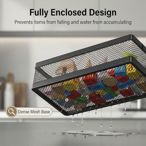 PUSDON Mesh Shower Caddy Wall Mount, Heavy Duty Adhesive Bathroom Shelf Organizer, Rustproof Floating Spice Rack for Kitchen Pantry, Holds 50 LBS, Multi-Purpose Storage Black-2 Packs (Netting)