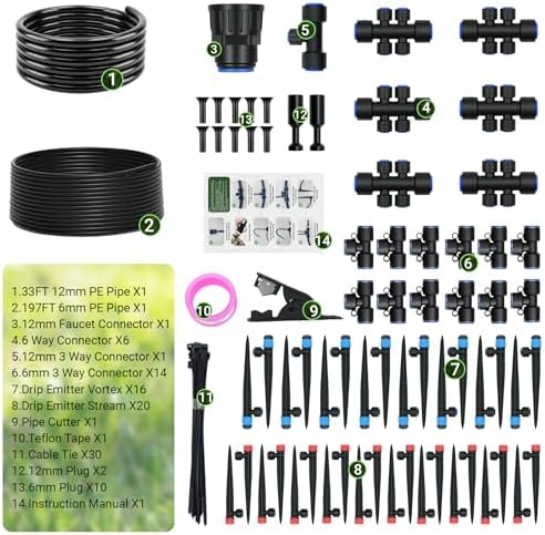 230FT Drip Irrigation Kit with 36 Adjustable Emitters, Push-Fit System