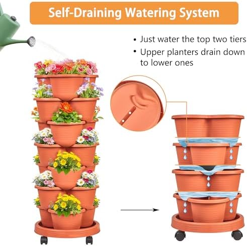 VECELO 7 Tier Vertical Garden Planter, Self Watering Stackable Planters with Wheels for Strawberries, Herbs, Flowers, Vegetables, Red