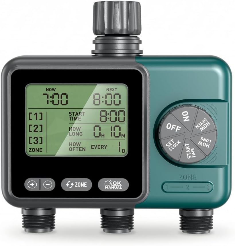 3 Zone Sprinkler Timer,3 Custom Watering Plans Hose Time, IP65 Waterproof, Rain Delay Manual & Automatic Watering with Large LCD for Yard Lawn Outdoor