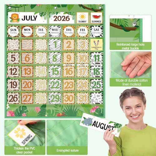Sinload Classroom Calendar Pocket Chart Green, Jungle