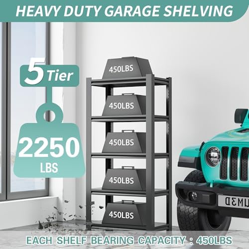 60" H Garage Shelves, Garage Shelving Heavy Duty, 3000Lbs 5 Tier Adjustable Garage Storage Shelves Suitable for Warehouse, Basement, Workshop,Require Assembly, 12.01" D*27.56" W *60" H(Black)