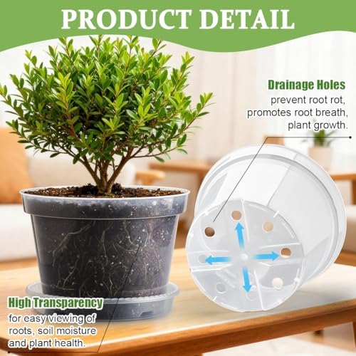 10 Pack 10 Inch Clear Nursery Pots with Saucers, Transparent Sturdy Plastic Plant Pots, Large Gardening Pots with Drainage Hole, Planting Starter Pot for Indoor Outdoor Flowers Herbs Vegetables