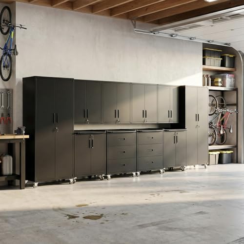 10-Piece Heavy Duty Steel Garage Cabinet System | All-in-One Modular Garage Cabinet Set for Ultimate Workshop Organization | Easy Assembly Garage Storage Cabinets & Tool Bench (Black)