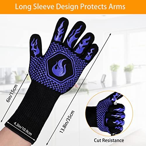 BBQ Gloves 1472F Heat Resistant Non-Slip Silicone 13.5in (Blue)