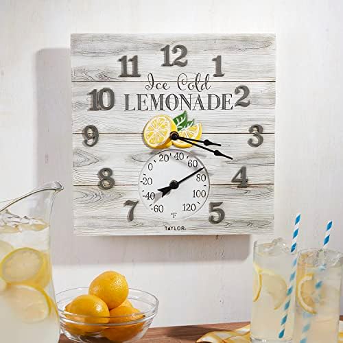 Taylor Lemonade Poly Resin Indoor and Outdoor Clock and Thermometer, Home Decor for Garden, Patio, Pool, and Indoor Areas, 14-inch, Multi-Color