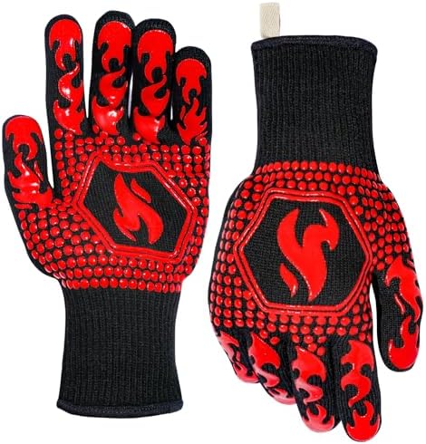 QUWIN BBQ Gloves, BBQ Accessories 1472℉ Extreme Heat Resistant, Grilling Gloves Silicone Non-Slip Oven Mitts, Kitchen Gloves for BBQ, Grilling, Cooking, Baking-1 Pair… (One Size Fits Most, Red)
