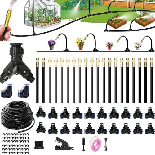Drip Irrigation System with Brass Nozzles – 2026 Upgrade 100FT Garden Watering Kit with 20Pcs 360° Adjustable Misting Sprinklers Quick Connect Fittings for Raised Beds, Lawn, Patio