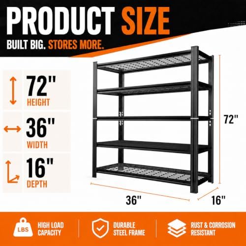 Wire Garage Shelving, 36" W×16" D×72" H Metal Storage Shelf, 2-in-1 5-Tier Adjustable 2500 lbs Heavy Duty Shelves Unit, Upgraded Reinforced Double-Layer Columns for Garage Basement Kitchen