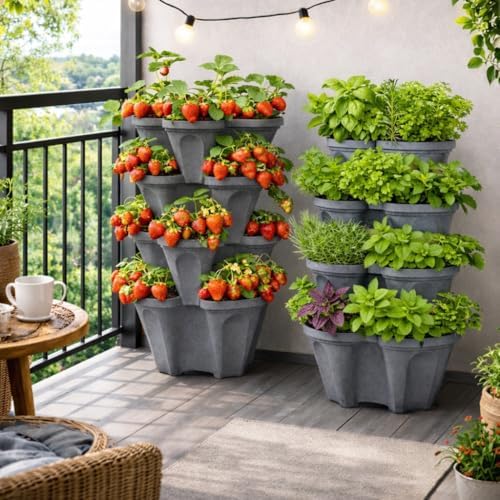 Vertical Garden Planter 4 Tier Stackable System 16 Plants, Space Saving Herb, Strawberry & Food Crop Planter with Center Support Hole for Indoor Outdoor Gardening (4, Slate Gray, Large)